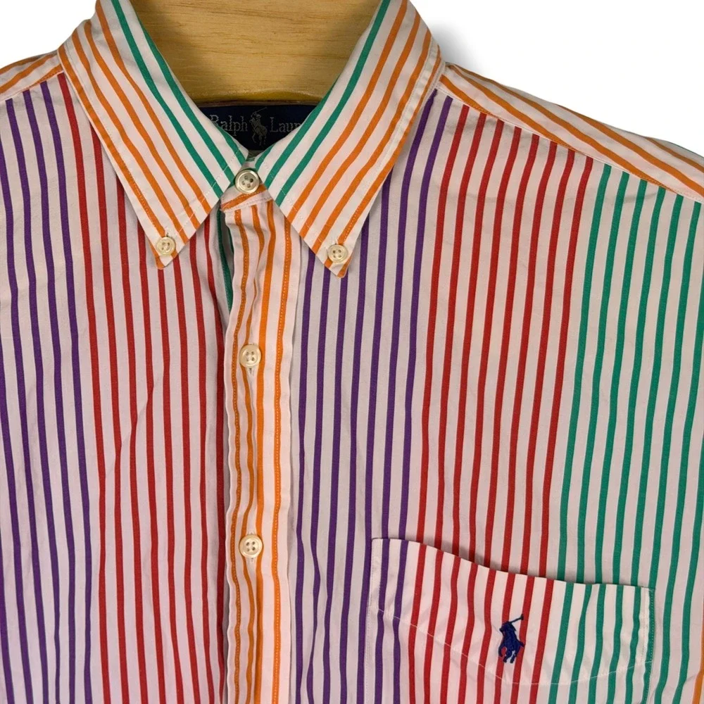 Vintage Ralph Lauren Button Down Mens L Multicolor Stripe Poplin Rainbow Blaire